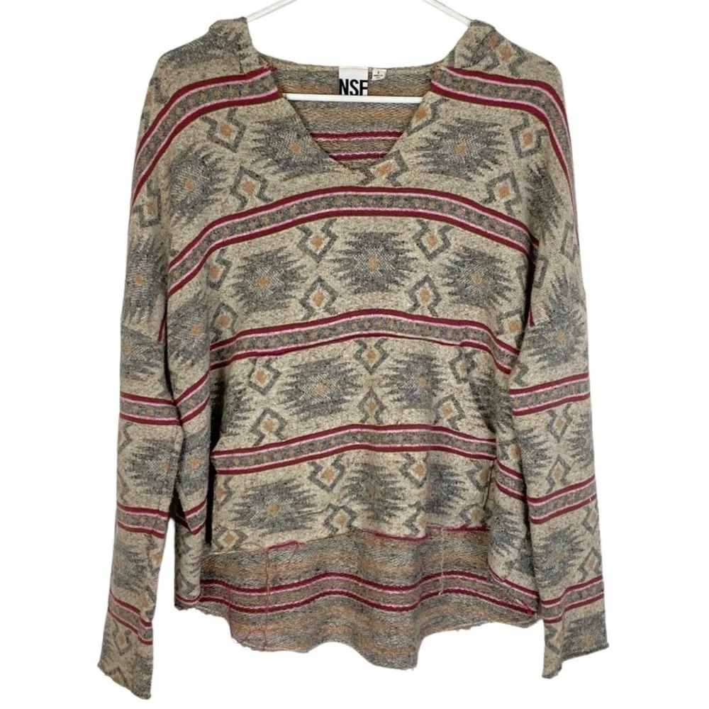 NSF Hoodie Women Size Small Aztec Baja Southwestern Mayan Oversized Poncho Tunic
